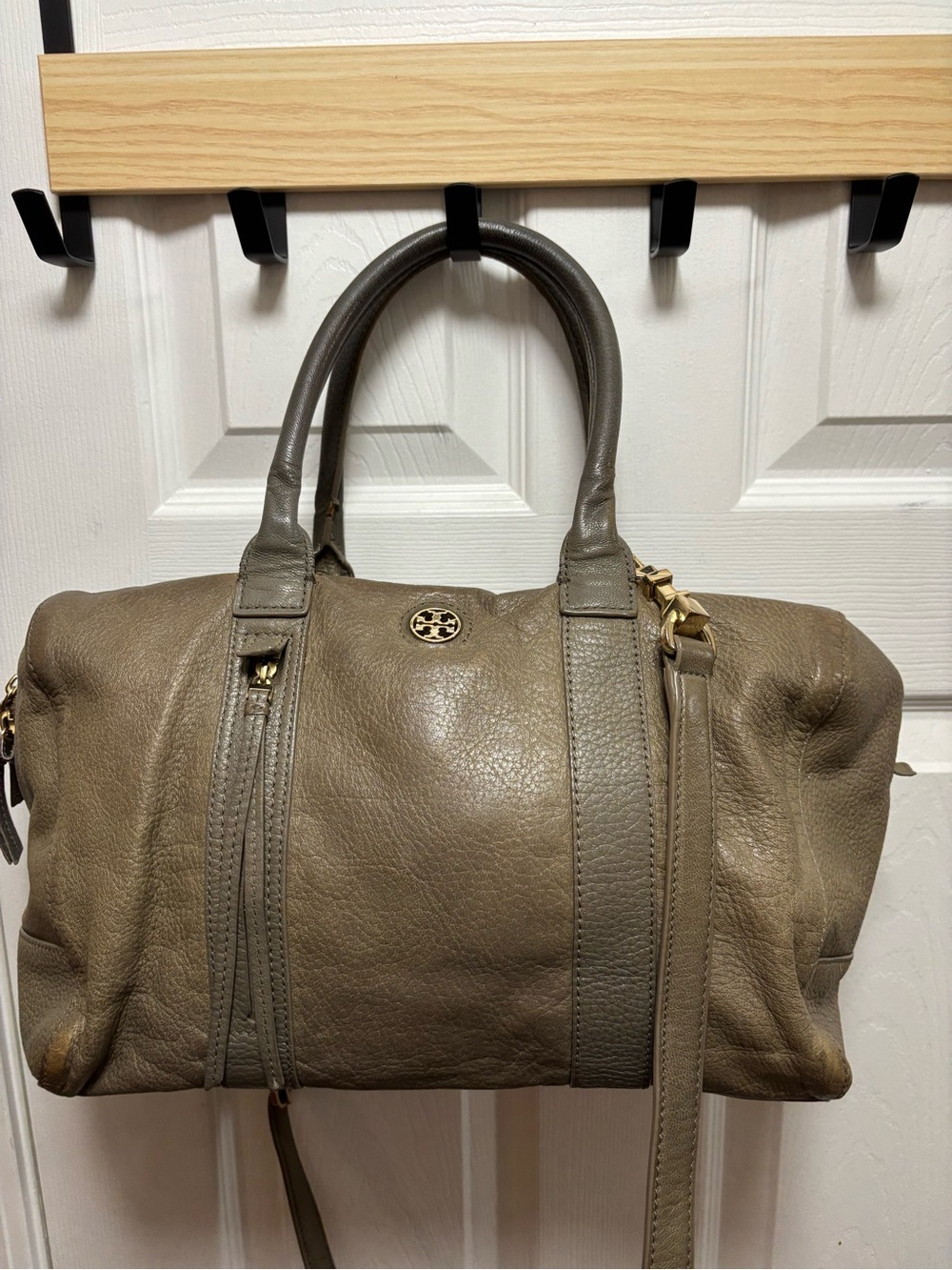 Tory Burch Brody Small Satchel Porcini Grey Leather w Crossbody in EUC